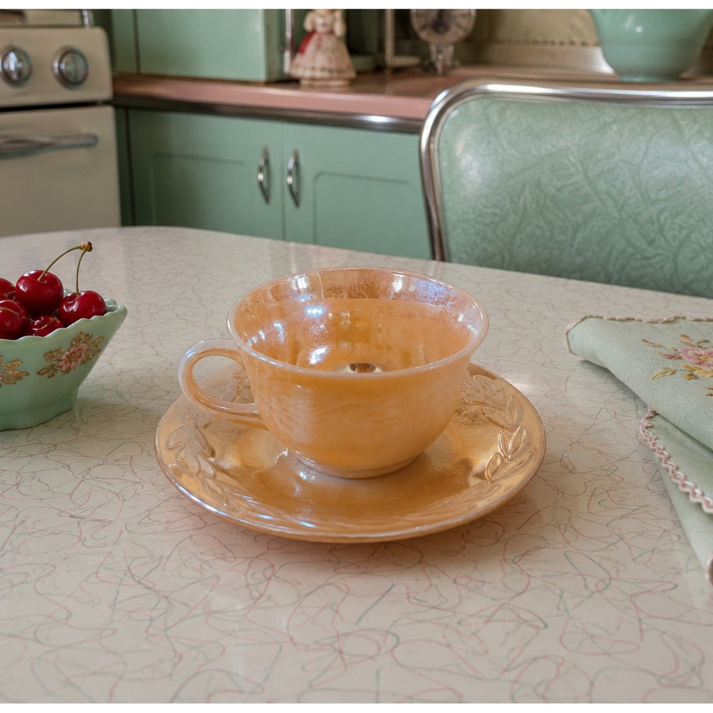 Fire-King 50s Peach Lustre Laurel Tea Cup and‎ Saucer Set Vintage Anchor Hocking
